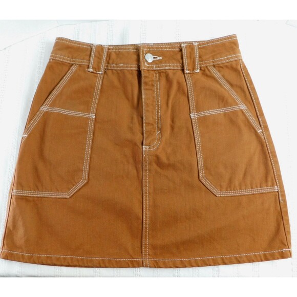 Topshop High Waist Utility Denim Mini Skirt Toffee Women's Size 6 Pockets EUC! - Picture 1 of 11